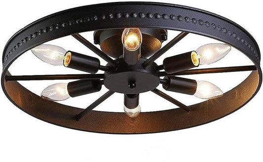 6-Lights Rustic Metal Ceiling Light Fixture Black Round Industrial Living Room Light Semi-Flush Mount Farmhouse Chandelier for Kitchen Island Dining Room Entryway Bedroom Hallway