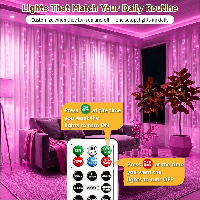 HXWEIYE 300LED Untangled Curtain Lights, 9.8x9.8Ft USB Fairy Twinkle String Lights with Remote and DIY Timer, 8 Modes Window Wall Hanging Light for Bedroom Dorm Backdrop Room Decor, Pink