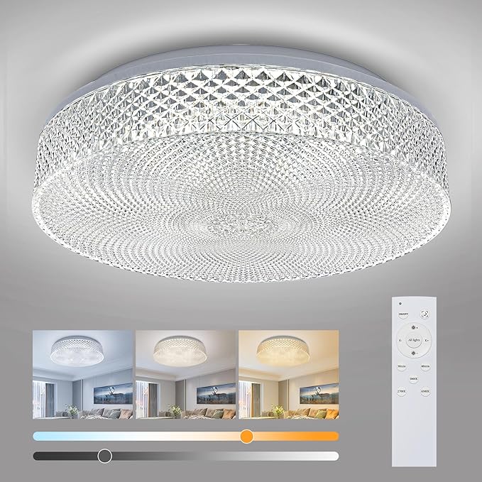 OOWOLF Flush Mount LED Ceiling Light Fixture, 2700K-6500K Super Bright 36W 3600LM 13.78 Inch Dimmable Warm/White Light Kitchen Light Modern Ceiling Lamp for Bedroom Bathroom, Chandeliers with Remote