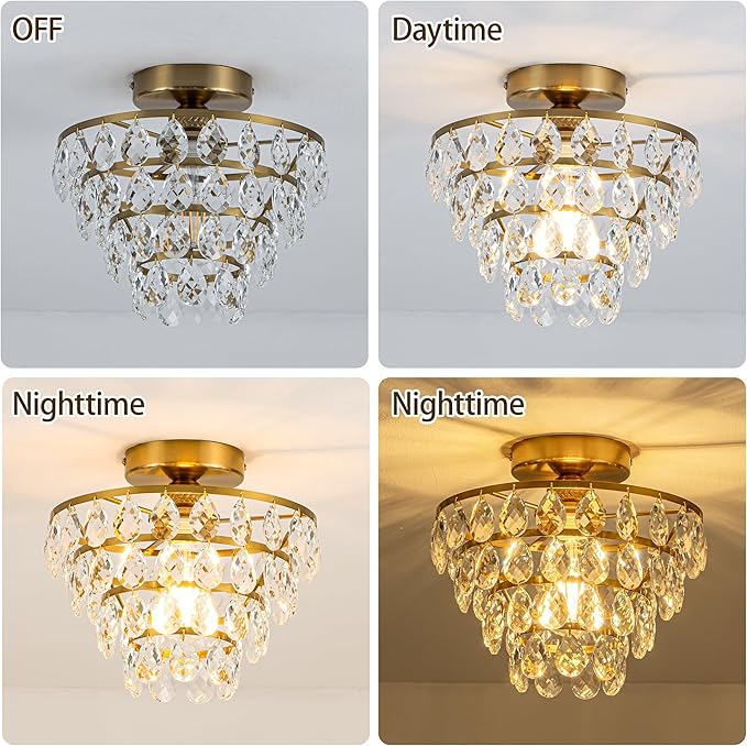 Mayful Modern Crystal Ceiling Light Fixture Gold Semi Flush Mount Ceilig Chandelier Mini Ceiling Light for Hallway Bedroom Bathroom Living Room E26