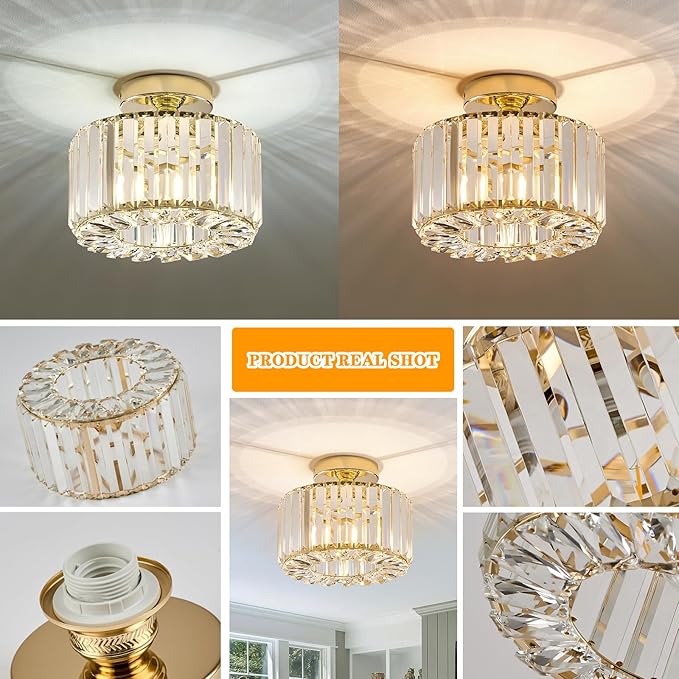 BUXVRCS Crystal Ceiling Light Fixture - Semi Flush Mount Ceiling Light Modern Chandelier Hallway Light Fixtures Ceiling Flush Mount Light Fixtures for Kitchen Bedroom Bathroom Entryway (Gold)
