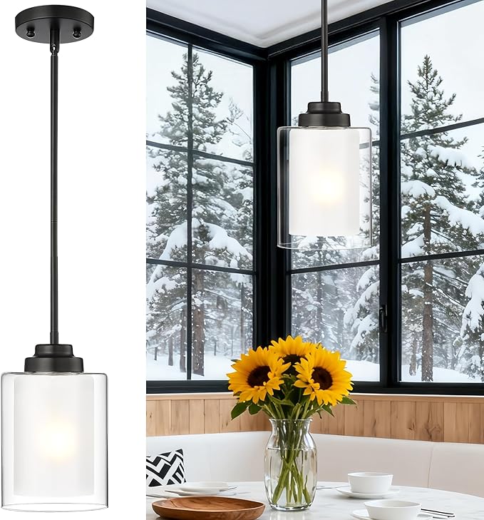 TENGXIN Modern Pendant Light,6 Inch Matte Black Pendant Lights Kitchen Island,Farmhouse Pendant Lighting for Dining Room Bedroom Bar Office,TXPLBK02-L