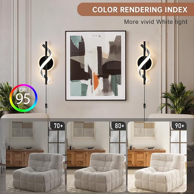 EIDISUNY Black Plug in Wall Sconces Sets of 2, 12W Modern Spiral LED Wall Lamp, 3000K Warm White Wall Light Fixture for Stairs Living Room Bedroom Aisle Hallway