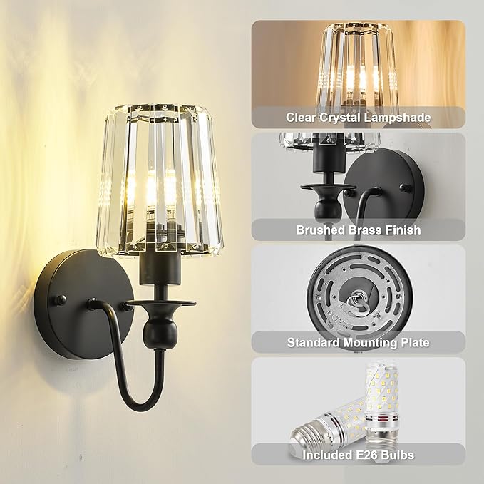 KARTOOSH Hardwired Crystal Wall Sconces Set of Two - Dimmable Wall Light Fixtures 3000K, Warm White, for Hallway, Bathroom, Living Room, Bedroom, Black, 11.2 Inch