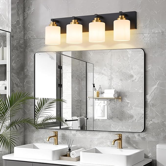 Bathroom Vanity Light Fixture, 4-Light Black and Gold Bathroom Light Fixtures Over Mirror with Milky White Glass Shades, Modern Vanity Lights for Bathroom Living Room Hallway (Bulbs Not Included)