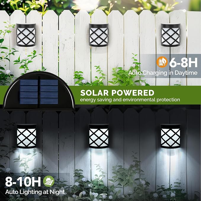 GIGALUMI 8 Pack Solar Fence Light Cold White Porch Solar Powered Decor Outdoor Waterproof Wall Fence Lights for Garden, Yard, Patio, Front Door, Garage