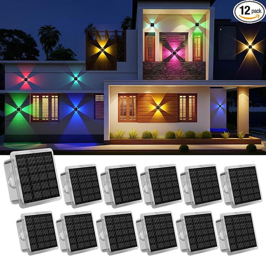 AUDLES Solar Fence Lights Outdoor, IP67 Waterproof 4-Sided Glow Solar Wall Lights, RGB 8 Modes Color Changing Solar Garden Light for Patio Pool Step Porch Yard-12 Pack