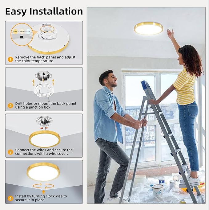 Hlite 6pack 12 inch Flush Mount LED Ceiling Light Fixture,24W 2400LM Super Slim Light Fixtures Ceiling Mount 3000K/4000K/5000K 3CCT Selectable,Light Fixtures for Kitchen,Bedroom (Gold)