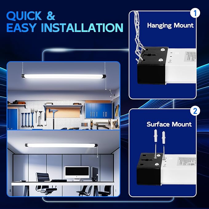 hykolity 4FT 70W LED Shop Light Linkable, 8000lm(300w Equivalent), 5000K Utility Shop Lights for Garages, Workshops, Basements, Hanging or FlushMount, with Power Cord and Pull Chain, ETL, Black,2 Pack