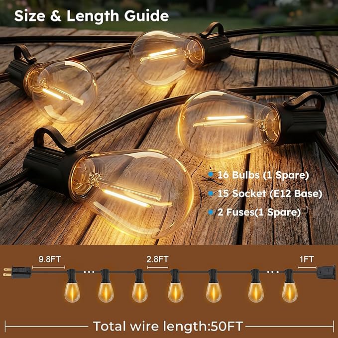 GvvooHome S11 LED Outdoor String Lights 50FT, Shatterproof & Waterproof Patio Lights with 16 Plastic Bulbs for Porch, Deck, Garden, Backyard, Balcony, 2700K Dimmable