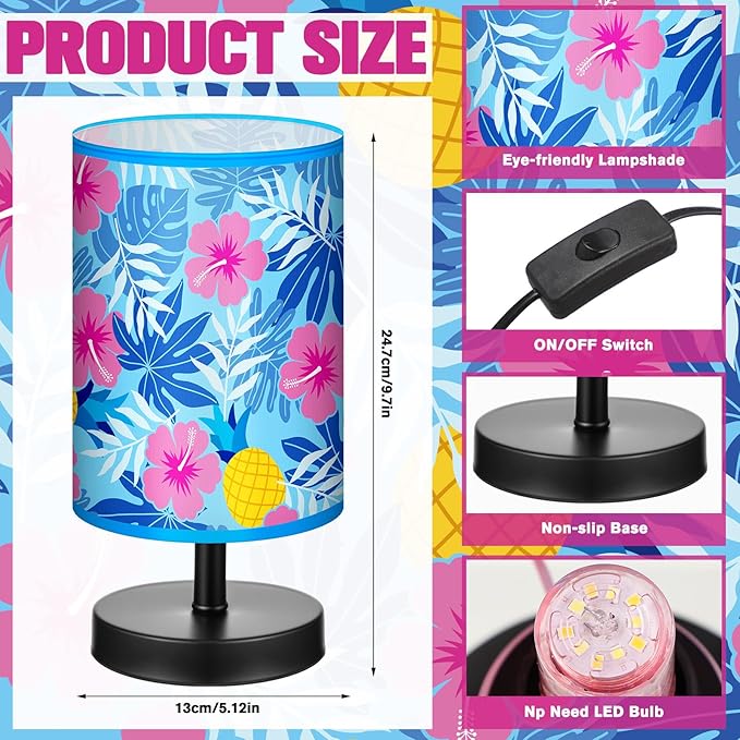 Glooglitter Summer Hawaii Hibiscus Table Lamp 3 Colors Dimmable Lights 9.72 x 5.12 Inch Palm Leaves Pineapple Tropical Night Light Bedside Lamps Decoration for Bedroom Desk Birthday Gifts