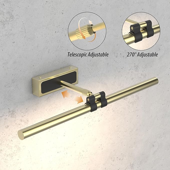 Brass Picture Light for Wall - 21inch Dimmable & Rechargeable Art Light with Single Swing Arm, 25H Light Time, Angle Adjustable, 3 Color Temperatures Timer - Perfect for Paintings and Home Decor
