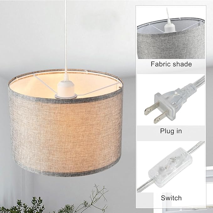 2 Pack Plug in Pendant Light, Hanging Light with 15Ft Clear Cord, On/Off Switch, Grey Fabric Lamp Shade, Hanging Light Fixture for Bedroom, Kitchen, Living Room, Dining Table