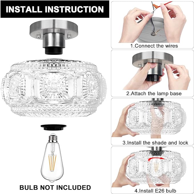 Brushed Nickel Semi Flush Mount Ceiling Light, Glass Shade Modern Ceiling Light Fixture, Lighting for Hallway Bedroom Entryway Kitchen Porch