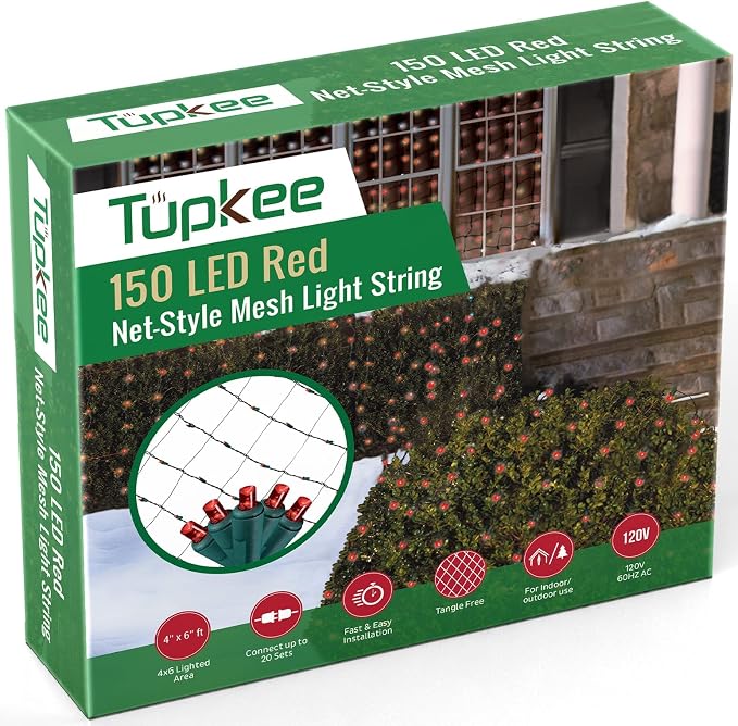 Christmas Light Net – 150 LED Red Mesh Lights - 4 ft x 6 ft – Outdoor/Indoor – Net Lights for Bushes, Hedges or Trees