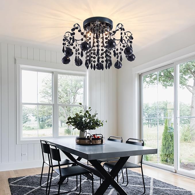 Rain Drop Crystal Small Crystal Chandelier Ceiling Light 3-Light Fixture Modern Chrome Iron Material Suitable for Bedrooms, Hallways, Walk-in Closets, Entryways, Stairwells (Black)