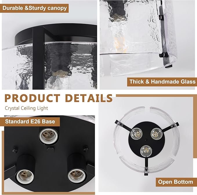 Black Semi Flush Mount Ceiling Light,Farmhouse Kitchen Light Fixture,3-Light Modern Glass Close to Ceiling Lights for Hallway Entryway Dining Room Foyer Bedroom Laundry,15 Inch