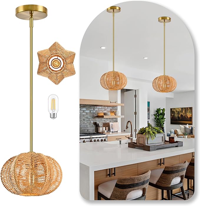 Mini Rattan Pendant Light Hemp Rope Rattan Light Fixture Woven Pendant Wicker Chandelier Boho Chandelier for Bedroom Kitchen Island