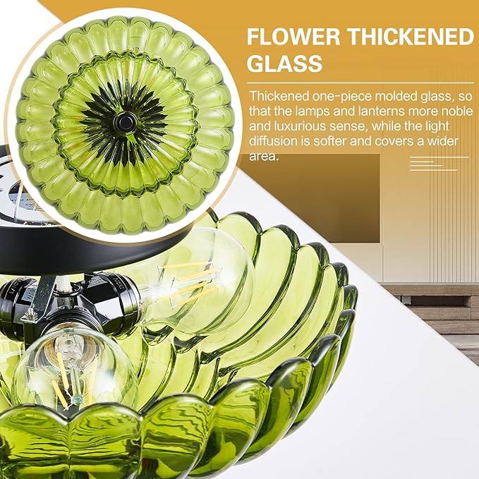 3-Lights Mid Century Modern Vintage Semi Flush Mount Ceiling Light Fixture,Black Surface Treatment,Green Flower Glass,for Hallway Bedroom Bathroom Foyer Closet Entryway Laundry Room(11.81 in)