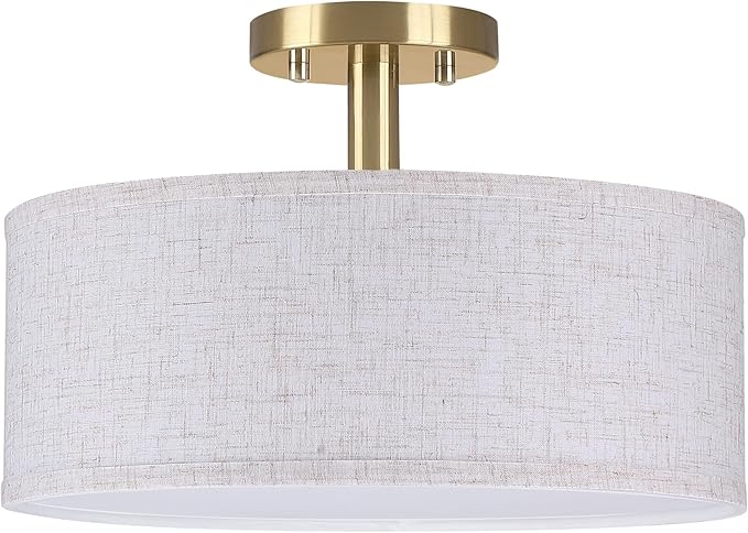 12 Inch Drum Gold 3 Light Semi Flush Mount Close to Ceiling Light Fixture,Linen Fabric Shade for Bedroom,Living Room,Dining Room Hallway