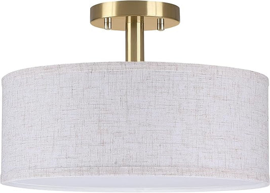 12 Inch Drum Gold 3 Light Semi Flush Mount Close to Ceiling Light Fixture,Linen Fabric Shade for Bedroom,Living Room,Dining Room Hallway