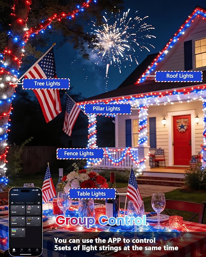 300LED Smart 4th of July String Lights | 107FT App Controlled Red White and Blue American Flag Lights, Waterproof Patriotic RGB Color Changing String Lights with Remote & Timer Outdoor for Memory Day