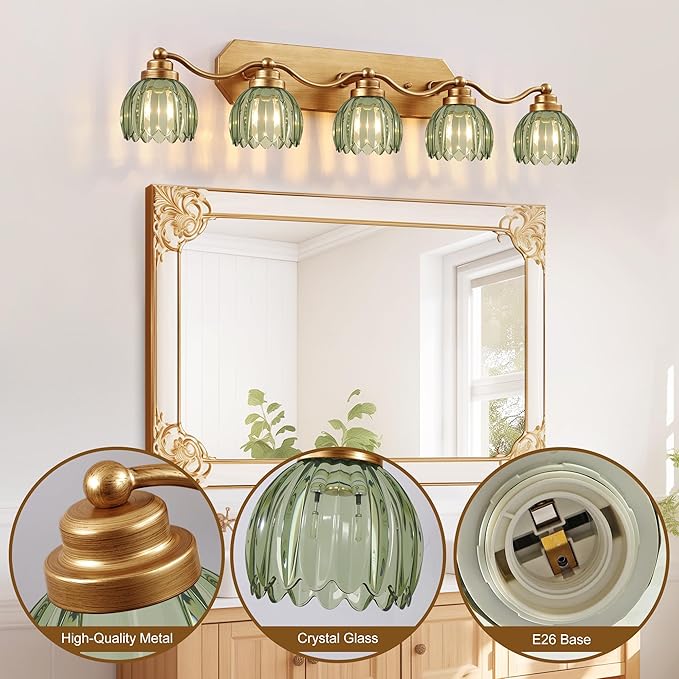 Vintage Bathroom Light Fixtures, Bathroom Lighting Fixtures Over Mirror, Gold Matte Antique Brass Finish with Green Crystal Glass Shade, Wall Sconces Lighting for Bedroom, Living Room (Green, 5-Light)