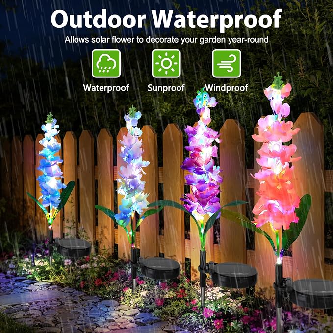 4 Pack Color Changing Solar Lights Delphinium Flower Decorative Lights | Auto ON/Off,Outdoor Waterproof,Garden Lights for Spring Lawn Pathway Landscape Birthday Gifts for Mom Women Grandma