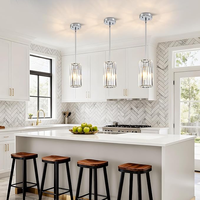 3-Pack Chrome Pendant Light Fixtures, Crystal Kitchen Pendant Lighting Over Island,Mini Modern Pendant Lights for Kitchen Island, Dining Room, Hallway, Foyer, Entryways