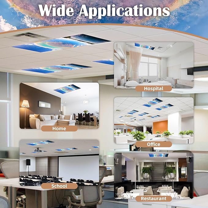 ANGSYLTH 8 Pcs Fluorescent Light Covers - 4 x 2 Feet Covers for Ceiling Lights, Magnetic Light Filters for Classroom, Office, Hospitals, Home (Blue Sky - Rainbow)