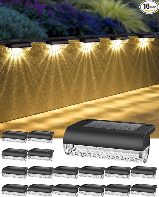 Herzila 16 Pack Solar Deck Lights Outdoor, Solar Step Lights Led Solar Lights for Outdoor Stairs, 3000K Warm White, Auto Dusk-to-Dawn, Weatherproof, Low Profile, for Fence Deck Railing Patio