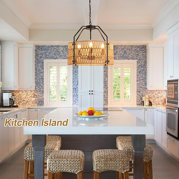 lobolighting 4-Light Rattan Chandelier Light Fixtures, 16.5" Boho Pendant Light with Hand Woven Drum Shade, Modern Farmhouse Chandelier for Dining Room Living Room Kitchen Island Bedroom