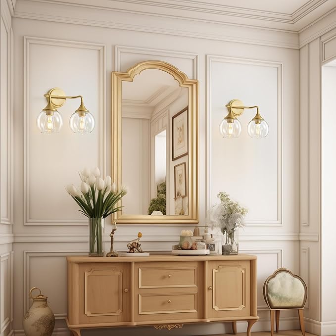 Gold Bathroom Vanity Light with Clear Glass Shade, E26 Base, 2-Light Bathroom Light Fixtures Over Mirror, 14 Inch Vanity Lights for Bathroom (Exclude E26 Bulb)