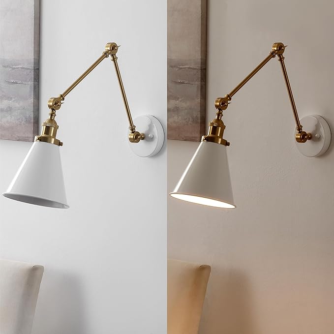 JONATHAN Y 7" White/Brass Gold Classic Industrial Metal Adjustable Arm LED Wall Sconce for Bedside Reading, Farmhouse Swing Arm Wall Lamp with Metal Shade, Hardwired (JYL7462B)