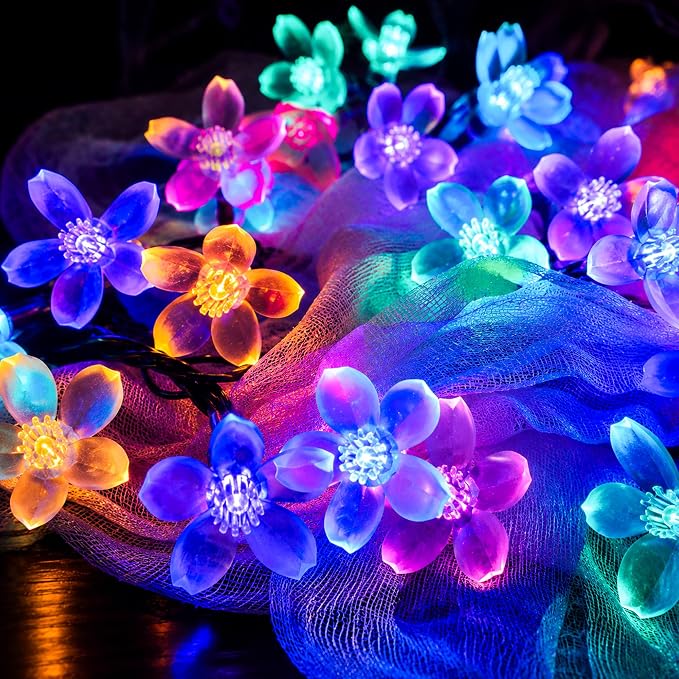 Pastel Flower Fairy Lights String with Timer for Easter Christmas Decor, | USB plug in 8 modes multicolored cherry blossom lights for wedding, Christmas Easter, bedroom, indoor outdoor decorations