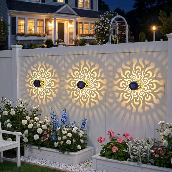 Solar Fence Lights 4 Pack Outdoor Deck Step Wall Lights Metal Waterproof LED Warm Yellow Light for Garden Post Patio Backyard Yard Decor (Mandala-4, 4)