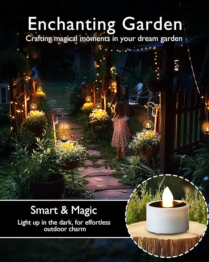 Homemory 12Pcs Solar Tea Lights Outdoor Waterproof, Rechargeable Dusk to Dawn Lighting, Flameless Flickering LED Votive Candles for Fairy Garden Decor, Patio Tables, Christmas Lanterns, Windows