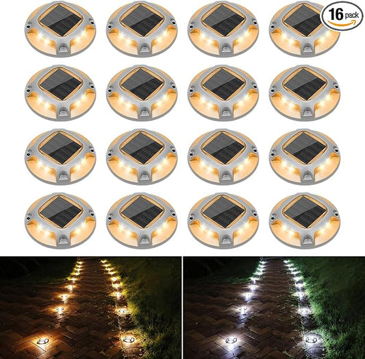 VOLISUN Solar Driveway Lights Dock Marine Lights 16 Pack,2 Colors in 1,Outdoor IP67 LED Deck Light,Solar Powered Waterproof Warning Step Ligh for Driveway Sidewalk Pathway (White/Warm White)