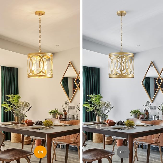 WUZUPS Crystal Chandelier 3-Light Vintage Farmhouse Pendant Ceiling Light Lighting Fixture for Foyer Diningroom Bedroom Hallway Storage Kitchen Bathroom, H 10.8" W 11.8", E12 Base, Gold