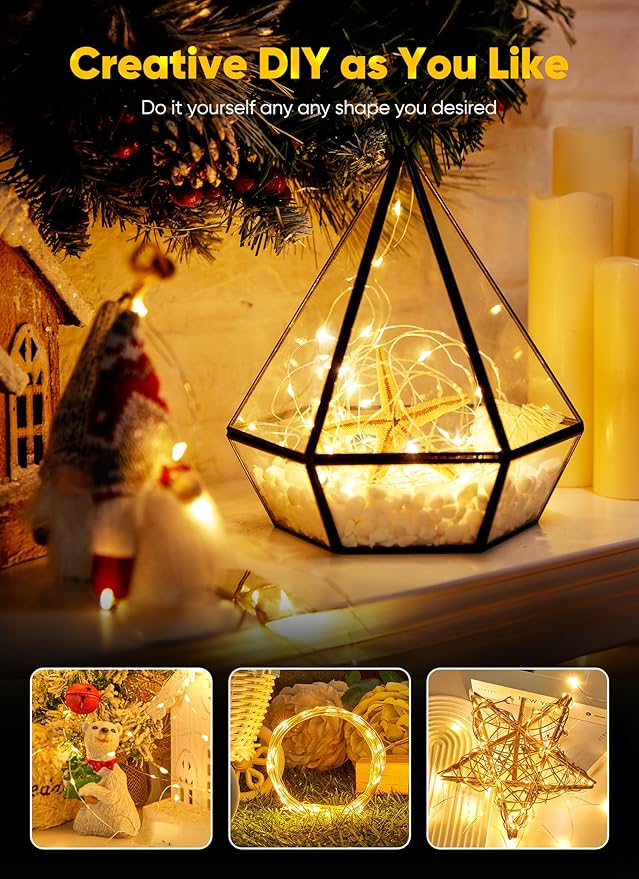 Minetom Fairy Lights Battery Operated, 33FT 100 LED Waterproof Silver Wire String Lights, Long Lasting Firefly Starry Lights for Bedroom, Christmas, Tree, Parties, Wedding, Mason Jar, Holiday Decor
