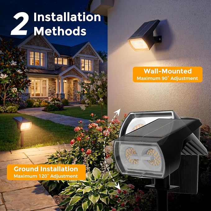 Solar Lights Outdoor Waterproof, 4 Pack 60 LED Solar Spot Lights Outdoor, Dusk to Dawn Light Sensor, 3 Lighting Modes, IP65 for Outside Pathway Yard Garden and Landscape (Warm White)