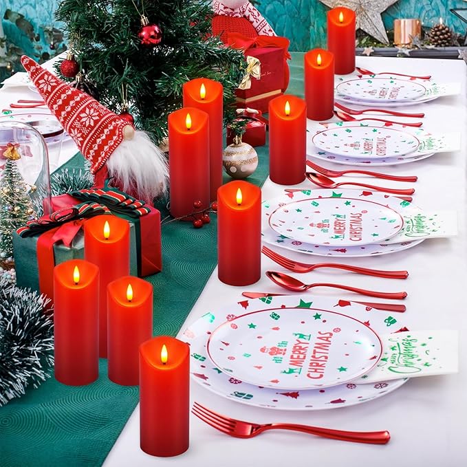 fclayvts 24 Pack Red LED Candles with Remote & Timer - Flameless Pillar Candles with 3D Flickering Flame, Battery Operated for Christmas Tree, Table Centerpieces, Party Decor