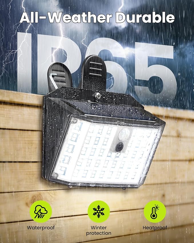 Clip on Solar Lights Outdoor with Motion Sensor, 600LM 176LED Solar Fence Lights Outdoor Waterproof, 3 Modes & Portable Security Lights for Chain Link Patio Deck Yard Garage (2Pack)