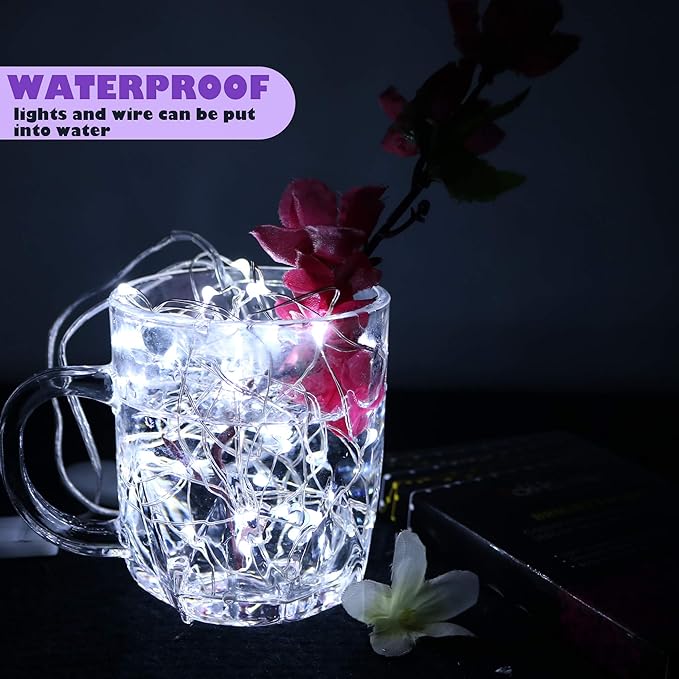6Pack Fairy Lights Battery Operated,No Remote Firefly Light,7ft Cool White | 20 LEDs Starry String Lights, Waterproof Silvery Copper Wire Lights for Wedding Party Bedroom Patio Christmas Table Decor