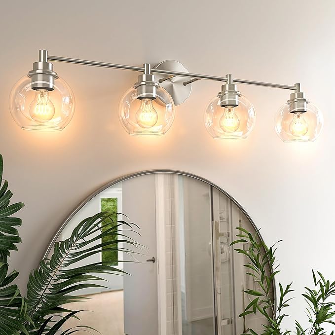 VONLUCE Bathroom Light Fixtures, 4-Light Vanity Light with Globe Glass Shades E26 Sockets, Bathroom Lights Over Mirror for Bedroom Hallway Living Room, Brushed Nickel Finish, ETL Certificated