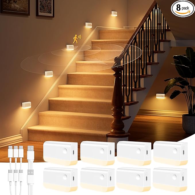 NIORSUN Motion Sensor Stair Lights Indoor, 8 Pack Rechargeable Wireless Step Lights with 3 Color Temperatures, 1200mAh Battery, Magnetic Base for Hallway, Closet, Bathroom, White