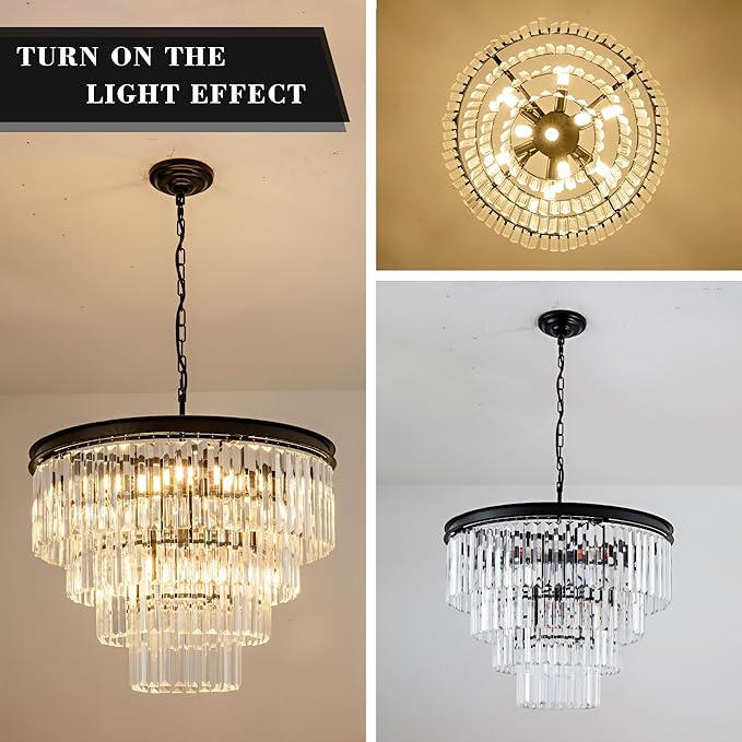Modern Crystal Chandelier Lights 22.8" 10-Light K9 Crystal Pendant Light 4-Tier Black Luxury Crystal Hanging Dining Room Light Fixture for Living Room Kitchen Bedroom Stairway Office Foyer