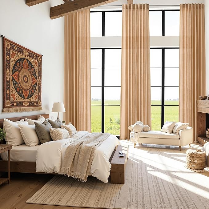 Nanspring Camel Linen Curtains for Living Room Extra Long 132 Inches Long Back Tab Light Filtering Semi Sheer Curtain Vintage Rustic Decor Floor to Ceiling High Window for Bedroom 52x132, 2 Panels