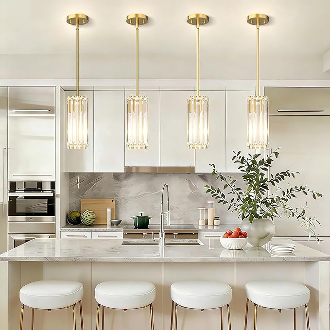 Crystal Pendant Lights for Kitchen Island - 10" Brushed Gold Adjustable Chandelier, Dimmable E26 Hanging Fixture, Modern Lighting for Dining 1pcs
