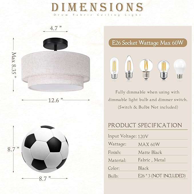 12.6 inch Flush Mount Ceiling Light Black Close to Lights Fixture with 2-Layer Fabric Shade 3-Light Drum Modern Lights for Dining Room Bedroom Hallway